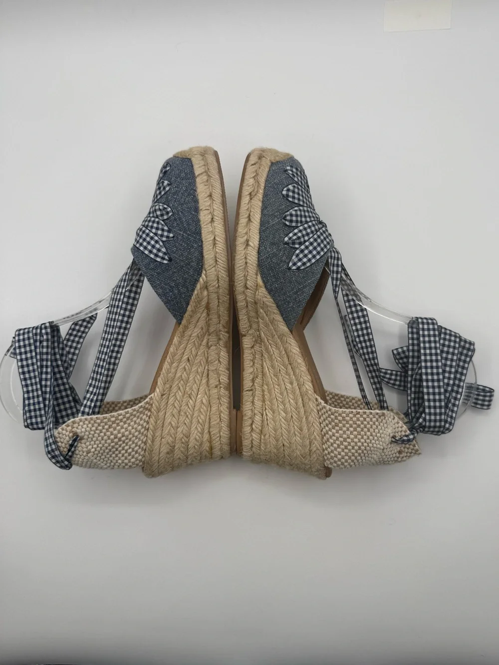Paseart Denim Espadrille Wedge Sandals Blue Gingham Lace-Up Ankle Tie Platform